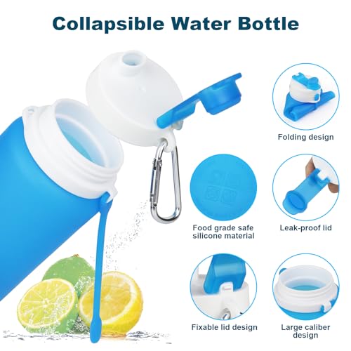 PLTCAT Collapsible Water Bottle, 19oz Foldable Bottle BPA Free Reusable Lightweight Leak-Proof Travel Silicone Water Bottle for Travel, Gym, Hiking, Office, Camping - color: Blue