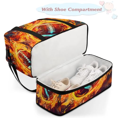 Travel Duffel Bag Football Fire Weekender Bag with Shoe Compartment Foldable Overnight Bags for Travel Sports Lightweight Gym Bags for Men Women - color: Football Fire