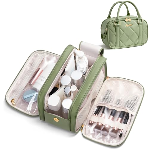 Bagstellar Travel Makeup Bag, Large Capacity Quilted Toiletry Bag for Women Stand-up Cosmetic Bag Open Flat Make Up Case Organizer Portable Pouch Purse w/Handle for Traveling Accessories, Sage Green - color: Sage Green