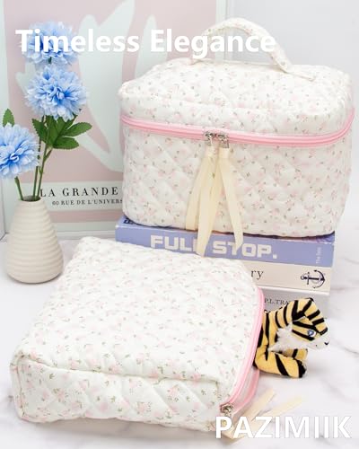 Quilted Makeup Bag Large Travel Zipper Soft Cosmetic Pouch for Women Girls Make Up,Little Flower Pink - color: Little Flower Pink, size: 1 PCS Pouch