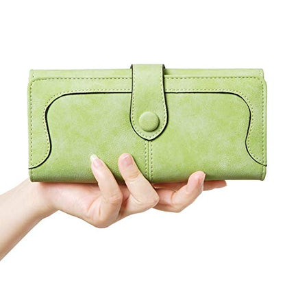 Women's Vegan Leather 17 Card Slots Card Holder Long Big Bifold Wallet - color: Light Green