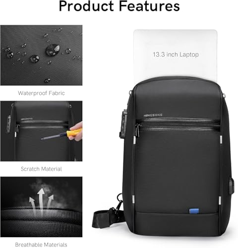 Kingsons Laptop Sling Backpack Anti Theft Bag,Hiking Daypack 13 Inch Waterproof Nylon Travel Bags for Men, Single Shoulder Camping Dayback with USB Charging Port for Traveling - color: Ks3165g