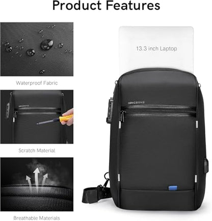 Kingsons Laptop Sling Backpack Anti Theft Bag,Hiking Daypack 13 Inch Waterproof Nylon Travel Bags for Men, Single Shoulder Camping Dayback with USB Charging Port for Traveling - color: Ks3165g