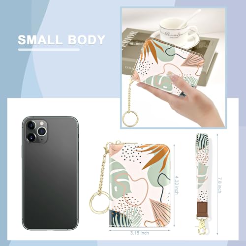 Aiawoxc Credit Card Holder, Small RFID Wallet Slim Leather Card Organizer Case with Zipper and Wristlet Strap, Boho Leaves - color: B-Leaf, size: Wrist Strap