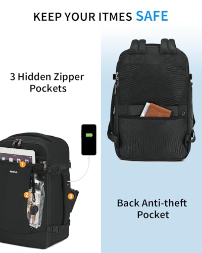 ECOHUB Travel Backpack for Men Women, Carry on Backpack with USB Charging Hole, Spirit Airlines Personal Item Bag Flight Approved, 15.6 Inch Laptop Backpack with Anti Theft Pockets, 30L, Black - color: Black, size: 18 inch underseat