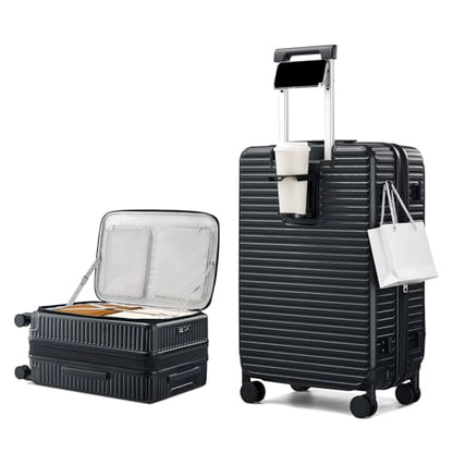 HanTrip Hard Shell Suitcases 24 Inch Check in Luggage with Spinner Wheels Cup Holder, Lightweight Top Opening Expandable Luggage Hard Case Rolling Medium Checked Suitcase with Lock, Black - color: Black, size: Expandable 24 Inch