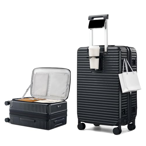 HanTrip Hard Shell Suitcases 24 Inch Check in Luggage with Spinner Wheels Cup Holder, Lightweight Top Opening Expandable Luggage Hard Case Rolling Medium Checked Suitcase with Lock, Black - color: Black, size: Expandable 24 Inch