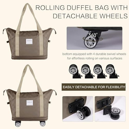 Expandable Rolling Duffle Bag - Large Carry-On With Spinner Wheels, Foldable Weekend Travel Bag, 28-58L Capacity（BackpackKhaki Checkboard） - color: Backpack-Khaki Checkboard, style: Backpack