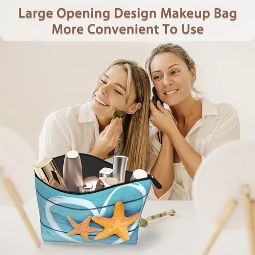 Beach Starfish Cosmetic Bag Coastal Blue Wooden Makeup Bags,Travel Make up Bags for Women Girls Cute Zipper Pouch Toiletry Organizer Bag Travel Essentials - color: Beach Starfish