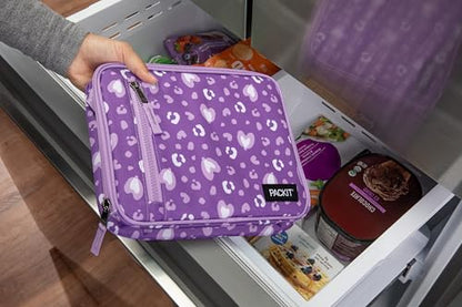 PackIt Freezable Classic Lunch Box, Leopard Hearts Purple, Built with EcoFreeze Technology, Collapsible, Reusable, Zip Closure With Front Pocket and Buckle Handle, Designed for Fresh Lunch On the Go - color: Leopard Hearts Purple
