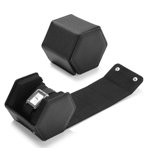 Oirlv Luxury Hexagonal Leather Watch Travel Case Single Watch Box for Men Portable Jewelry Storage Roll Organizer (1-Slot,Black) - color: Black, size: 1-Slot