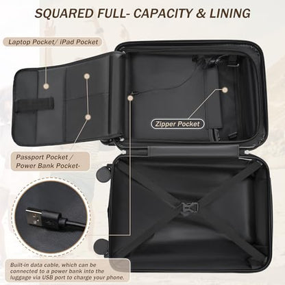 Merax Luggage Sets 5 Piece, Hardside 20" Half-opening Carry On Suitcase Set with USB Port,Lightweight Travel 24" 28" Luggage with Bags TSA Locks Double Spinner Wheels,Black - color: Black, size: 3 piece(20front open+24+28+bags)