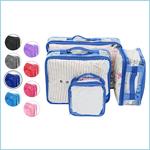 Clear Packing Cubes set of 4 / Packs 7-10 Days of Clothes/Premium PVC Plastic Storage Bags - color: Royal Blue