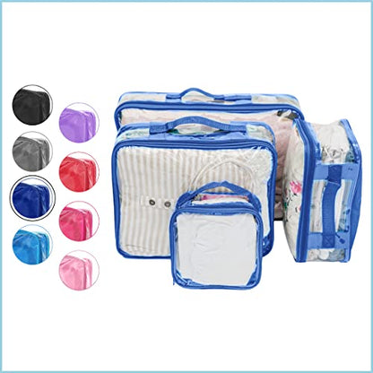Clear Packing Cubes set of 4 / Packs 7-10 Days of Clothes/Premium PVC Plastic Storage Bags - color: Royal Blue