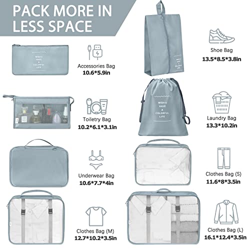 KPX 8 Set Packing Cubes for Travel, Luggage Packing Organizers Accessories Large Toiletries Bag for Clothes Shoes Cosmetics (Grey) - color: 8Set-Grey