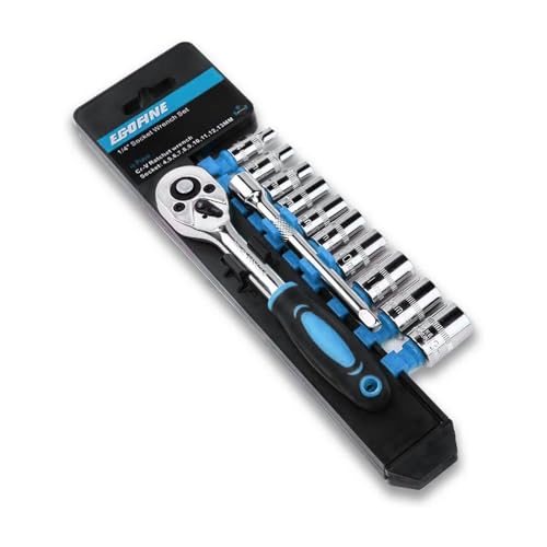 Egofine 12pcs 1/4 Inch Mini Ratchet Socket Wrench Set, Drive Socket Set with 10 Sockets (4-13mm) and 2 Way Quick Released Ratchet Handle and Extension Bar, Blue - size: 1/4, style: 12PC Blue Standard Socket Set