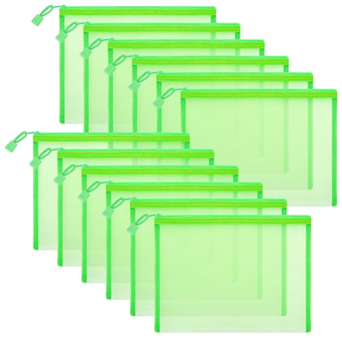 12 Pieces Zipper Nylon Mesh Pouch, Mesh Cosmetic Bags Makeup Bags Pencil Case, Multipurpose Travel Bags for Cosmetic School Office Supplies and Travel Accessories (Green, A5) - color: Green, size: A5