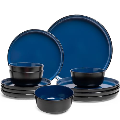 Melamine Dinnerware Sets, 12 Pcs Unbreakable Plates and Bowls Set, Outdoor Dinnerware RV and Camper Dishes Sets for 4, Kitchen Dishes Set for Entertaining, Black and Blue - color: Black and Blue