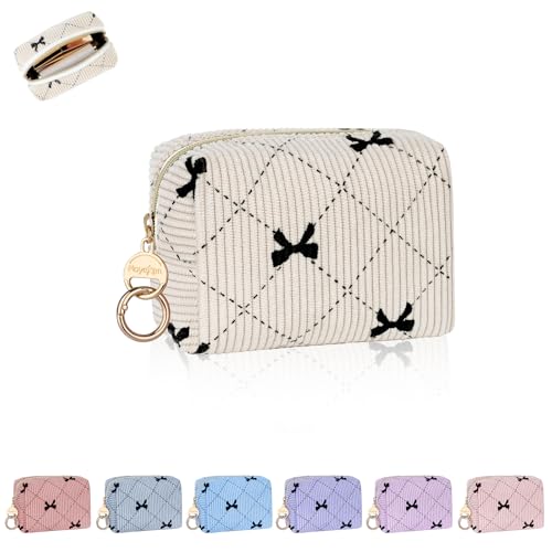 Mini Makeup Bag, Corduroy Small Cosmetic Bag for Purse with Ring Buckle, Bow Tie Travel Makeup Pouch for Lipsticks, Chapsticks, Coin, Earphone, Credit Card (Beige) - color: Bow-Beige