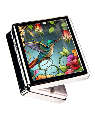 Travel Pill Organizer Small Pill Case for Purse Essentials 7 Days Cute Pill Box with Mirror Portable Pill Box for Pocket or Purse Pill Containe Travel Gifts (Stained Glass Hummingbird)