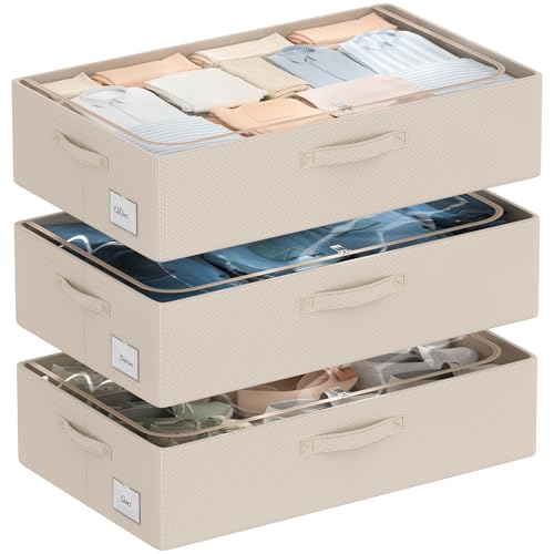 CYhom 3Pcs Under Bed Storage Bins with Metal Frame - Shoe Organizer for Closet with Clear Cover Oxford Fabric Sturdy Underbed Container Foldable Stackable Clothes Organizer (Beige, 23.5x15.7x6.3) - color: Beige, size: 23.5x15.7x6.3