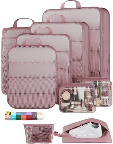 Veken 9/11 Set Compression Packing Cubes for Travel Essentials,Compressible Expandable Large Luggage Suitcase Organizer Bags for Clothing,Space Saver Bags with Over 1000 pcs of Mesh Holes(Light Coral) - color: Light Coral, size: 9 set