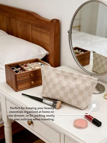 2-Pack Beige Checkered Makeup Bag Set - Large Capacity Cosmetic Organizer Pouch | Travel Toiletry Bag for Women Girls - color: C02-light coffee