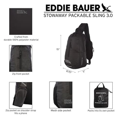 Eddie Bauer Stowaway Packable Sling Bag | Foldable | Travel | Outdoor | Lightweight | Compact | Everyday Carry | Ripstop Nylon | 10L - Onyx Black - color: Oynx Black