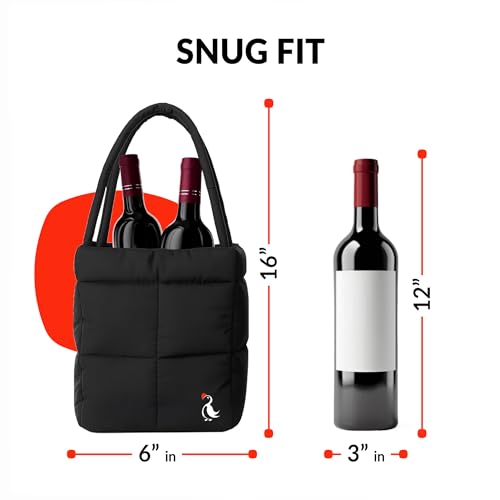 PUFT Puffer Wine Tote Bag – Insulated Wine Bottle Carrier for Bottles – Trendy Quilted Wine Bag - color: 2 Bottles Black