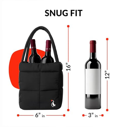 PUFT Puffer Wine Tote Bag – Insulated Wine Bottle Carrier for Bottles – Trendy Quilted Wine Bag - color: 2 Bottles Black