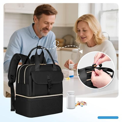 Fasrom Medicine Travel Bag Backpack with Insulated Compartment & Waterproof Mat, Double Layer Pill Bottle Organizer for Prescription, Vitamins and Medical Supplies, Black (Empty Bag Only) - color: Black