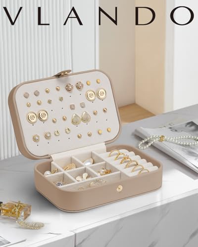 VLANDO Travel Jewelry Case for Women Girls Mothers, PU Leather Small Jewelry Box for Rings, Necklaces, Bracelets, Earring Holder Organizer Storage for Travel Accessories, Valentines Gift - Toffee - color: D.Toffee