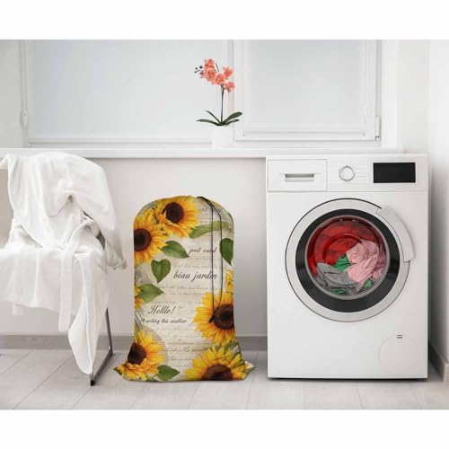 Swono Sunflowers Laundry Bag with Drawstring Straps, Heavy Duty Extra Large Laundry Bags for Laundromat Household, Hand Drawn Old Letters Floral Repeat Print Golden Blossom Travel Dirty Clothes Bag - color: Sunflowers