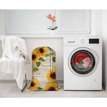 Swono Sunflowers Laundry Bag with Drawstring Straps, Heavy Duty Extra Large Laundry Bags for Laundromat Household, Hand Drawn Old Letters Floral Repeat Print Golden Blossom Travel Dirty Clothes Bag - color: Sunflowers