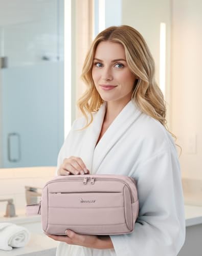 Toiletry Bag for Men & Women, Cruise Ship Travel Essentials, Shaving Dopp Kit with Dry and Wet Separation, Water-resistant Bathroom Cosmetic Organizer Bag, Makeup Accessories with Trolley Belt, Pink - color: Pink
