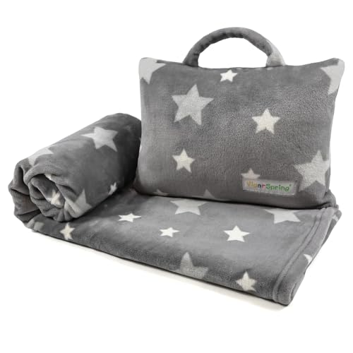 3-in-1 Kids Travel Pillow and Blanket Set - 40x60 Inches Soft Grey Star Design | Travel Blanket Airplane Compact with Bag | Ideal for Travel, Camping, Car Rides & Home Decor - color: Gray Star