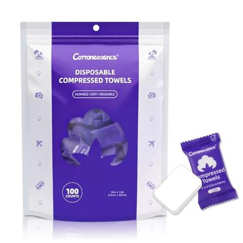 Cottonessence Premium Compressed Towels (100-Pack) - 10" x 12" Individually Wrapped Coin Tissues, Portable Towels for Travel, Hiking, Gym, Spa, Beauty Salon, Makeup, Baby Care, Outdoor Use - size: 100 Count (Pack of 1)