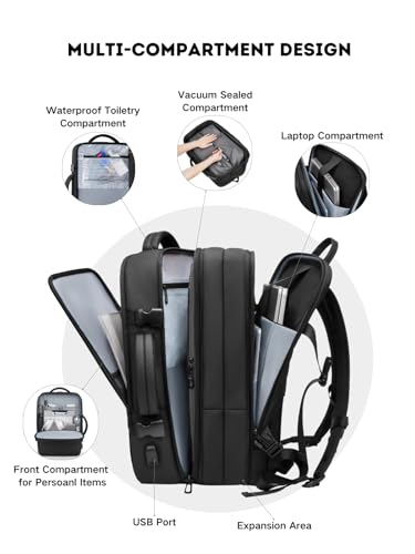 Vacuum Seal Travel Backpack 60L Expandable Air Compression System, Water Resistant Airline Approved Carry-On Suitcase Luggage, Black - Vacuum Pump Included
