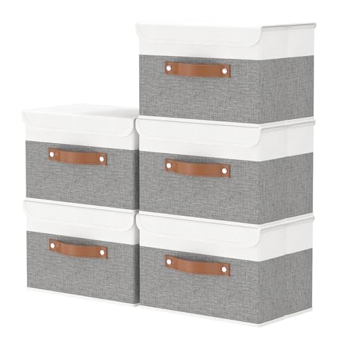 OUTBROS Large Collapsible Storage Box with Lid, Linen Fabric Wardrobe Organiser, Containers For Towels, Clothes, 15 x 9.8 x 9.8 inch (White/Grey, 5-Pack) - color: White/Grey, size: 15x9.8x9.8in(5-pack)
