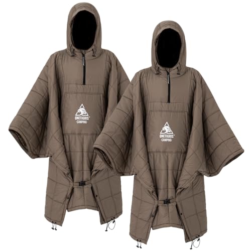 ONETIGRIS Camping Blanket Poncho with with Recycled Synthetic Insulation,Wearable Hoodie Blanket | Ultralight Water-Resistant Warm Camping Blanket for Outdoor, Hiking, Stadium - color: 2pcs-brown