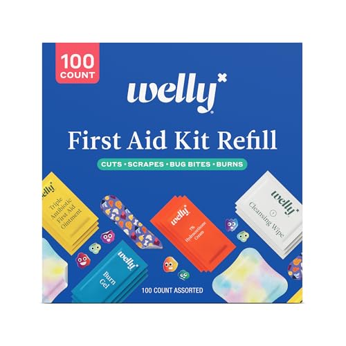 Welly First Aid Kit Refill Carton | Includes Individual Bandages, Cleansing Wipes, Antibiotic Packets, Burn Gel, Hydrocortisone Cream, and Bug Bite Relief Patches | 100 ct - color: 100 Ct First Aid Refills