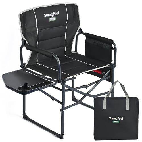 SUNNYFEEL Camping Directors Chair, Heavy Duty,Oversized Portable Folding Chair with Side Table, Pocket for Beach, Fishing,Trip,Picnic,Lawn,Concert Outdoor Foldable Camp Chairs - color: Padded Black