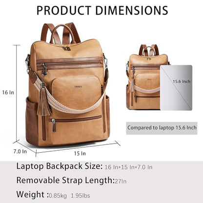 Shrrie Vegan Leather Laptop Backpack for Women 15.6 inch Work Backpack Fashion Travel Backpack Purse for Business College - color: 1 Camel With Brown