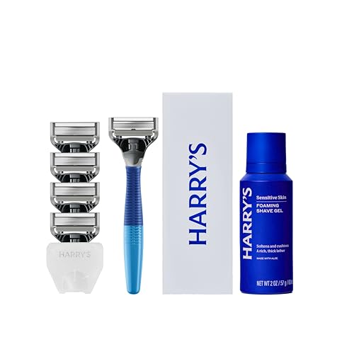Harry's Original Shaving Kit for Men - Razor Handle, 5 Razor Blade Refills, Foaming Shave Gel, and Travel Blade Cover - TSA Approved Travel Essentials - German Engineered - Ocean Blue - style: Ocean Blue