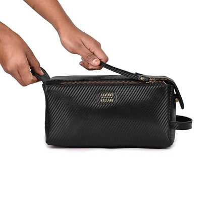 LEATHER VILLAGE Genuine Carbon Fiber Genuine Leather Travel Toiletry Bag - Large Dopp Kit, Water-Resistance Bathroom & Shaving Organizer for Men & Women - Black - color: Carbon Black