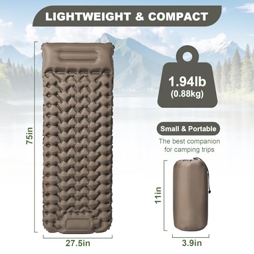 Camping Sleeping Pad-4" Thick, Ultralight 1.9lbs Backpacking Air Mattress with Built-in Pillow & Foot Pump, Compact Inflatable Mat for Hiking Tent Road Trip, One-Second Deflation Khaki - color: Khaki