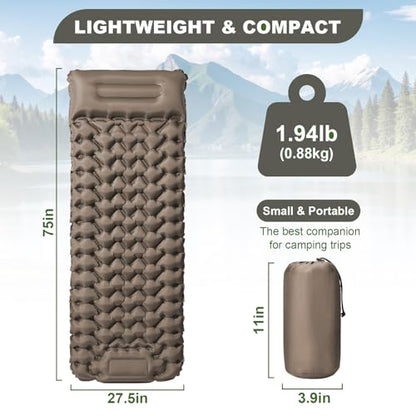 Camping Sleeping Pad-4" Thick, Ultralight 1.9lbs Backpacking Air Mattress with Built-in Pillow & Foot Pump, Compact Inflatable Mat for Hiking Tent Road Trip, One-Second Deflation Khaki - color: Khaki
