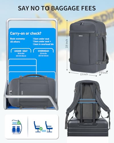 ECOHUB Travel Backpack for Men Women, Carry on Backpack with USB Charging Hole, Spirit Airlines Personal Item Bag Flight Approved, 15.6 Inch Laptop Backpack with Anti Theft Pockets, 30L, Grey - color: Grey, size: 18 inch underseat