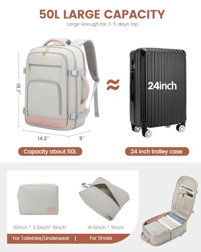 LOVEVOOK Large Travel Backpack For Women, 50L Carry On Backpack Flight Approved, TSA Personal Item Bag, Waterproof Laptop Backpack Fits 18 Inch Laptop, Business Weekender Overnight With 3 Cubes, Grey - color: Pink-grey, size: 50l-18 Inch-4pcs