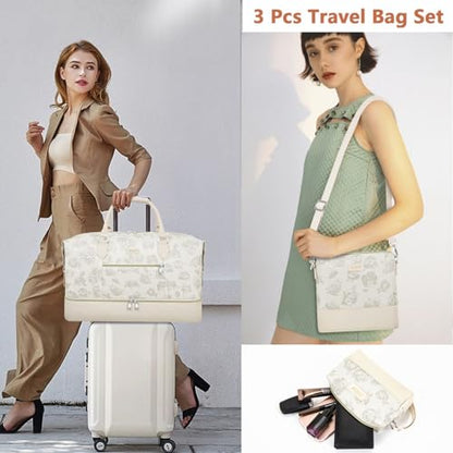 ITIEZY Weekender Overnight Bag for Women - Large Travel Duffel Bag with Shoe Compartment, Gym Duffel Bag Hospital Bag Carry On Tote Bags for Airplanes with Crossbody Bag Toiletry Bag 3Pcs Set - color: 4-Beige Flower